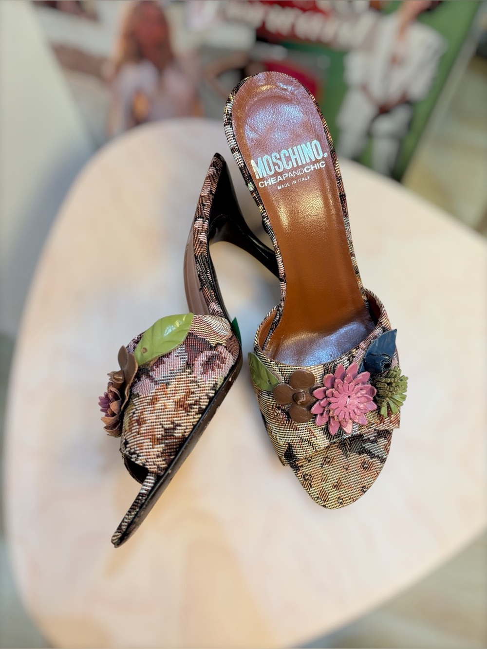Moschino Tapestry Print Floral Appliqué Mules